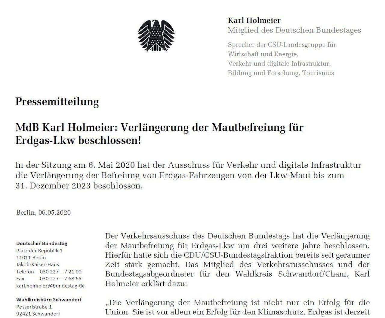 Verkehrsausschuss beschließt Verlängerung der Mautbefreiung für Erdgas-LKW